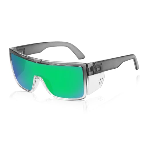 Polarized Safety Sunglasses, UV400 Protection, ANSI Z87.1 Wraparound Protective Eyewear - color: Grey Green Mirror