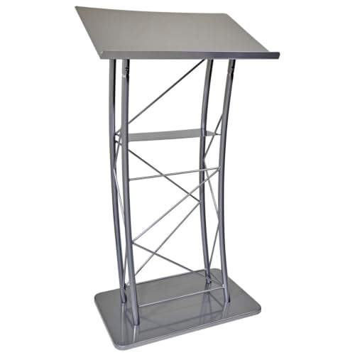 Kingdom KML2S Large Curved Lectern with Shelf, Stand Up Church Pulpit, Slanted Lectern, Conference Podium for Speakers, Speeches, and Other Occasions- Truss Lectern, Silver Powder Coat Finish, Metal - size: Design 03