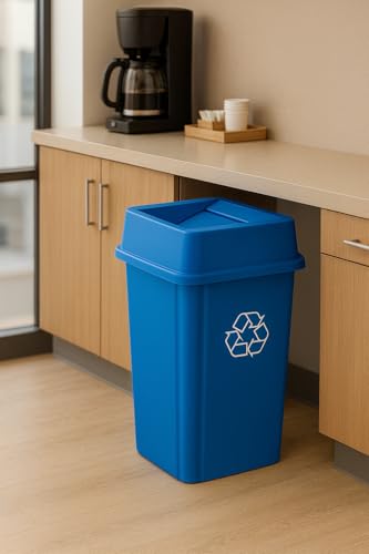 1 Pack Blue 19 Gallon Square Commercial Recycling Bin with Lid, Heavy Duty Plastic Recycle Container with Venting Channels and Built-in Handles - color: Blue, size: 19 Gallon