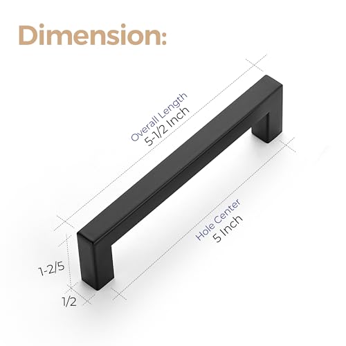 Ravinte Matte Black Cabinet Handles Square Pulls 5 Inch 10 Pack - size: 5-1/2 Inch (5 Inch Hole Center)