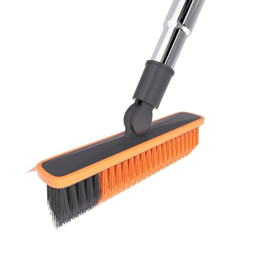 2 in 1 Floor Brush Scrubber with Long Handle Telescopic 3 Poles 61.8'' Grout Brush Scrape Stiff Bristle Cleaning Scrub Brush with Squeegee 180°Rotating Tile Brush for Cleaning Bathroom Glass Patio - color: Dark Orange Extended Pole