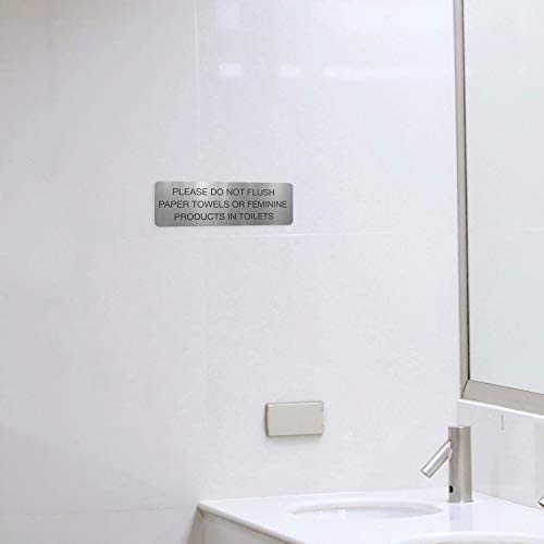 Please Do Not Flush Paper Towels Or Feminine Products In Toilets/Black On Silver 3" x 9" Bathroom Wall Sign/Public Business Restroom Sign/Made In The USA - color: Silver, style: Toilets