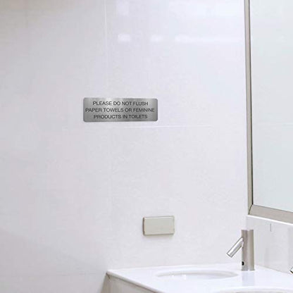 Please Do Not Flush Paper Towels Or Feminine Products In Toilets/Black On Silver 3" x 9" Bathroom Wall Sign/Public Business Restroom Sign/Made In The USA - color: Silver, style: Toilets