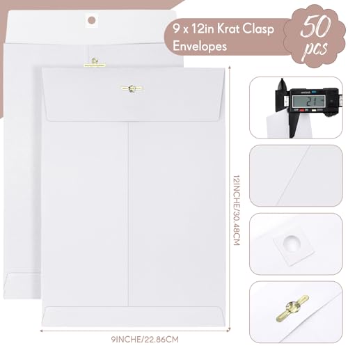 Teling 50 Pcs Manilla Clasp Envelopes Kraft Closure - color: White, size: 9*12