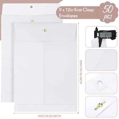 Teling 50 Pcs Manilla Clasp Envelopes Kraft Closure - color: White, size: 9*12