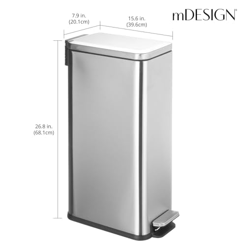 mDesign Slim Metal Rectangle 7.9 Gallon Trash Can with Step Pedal, Easy-Close Lid, Removable Liner - Narrow Wastebasket Garbage Container Bin for Bathroom, Bedroom, Kitchen, Office - Brushed Chrome - color: Brushed, size: 7.9 Gallon