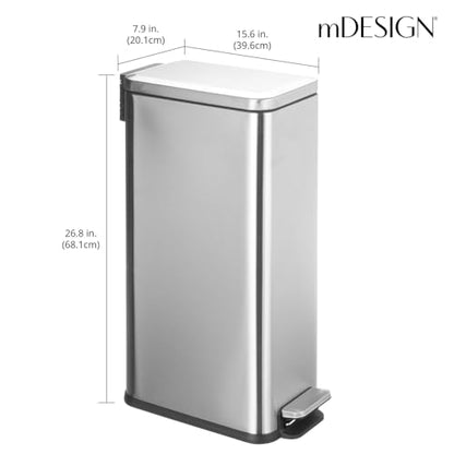 mDesign Slim Metal Rectangle 7.9 Gallon Trash Can with Step Pedal, Easy-Close Lid, Removable Liner - Narrow Wastebasket Garbage Container Bin for Bathroom, Bedroom, Kitchen, Office - Brushed Chrome - color: Brushed, size: 7.9 Gallon