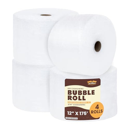 The Boxery 12 inch x 175 feet Bubble Roll, Small Bubble 3/16 inch Cushioning Wrap, Perforated Every 12 inch for Packing Moving Shipping Supplies, 4 Rolls, 700 ft Total - size: 12 inch x 700 ft