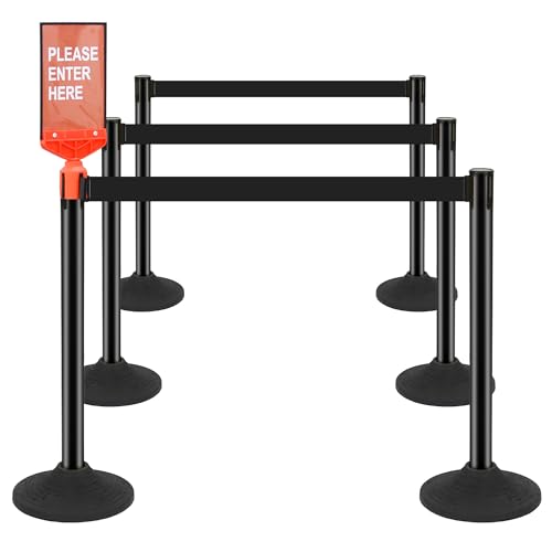 6 Pack Stanchions with Retractable Belts - Heavy Duty Crowd Control Barriers with Weighted Rubber Base, Retractable Belt Stanchions for Queue Line, Events, Public Safety(Black，6 Pack） - color: Black - 6 Pack, style: Round Base