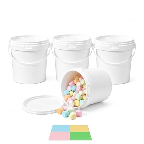 4 Pack 34 oz White Plastic Buckets with Lids and Handles, Small 1 Quart Storage Pails for Food, Paint, Ice and Crafts - color: White, size: 34 Oz