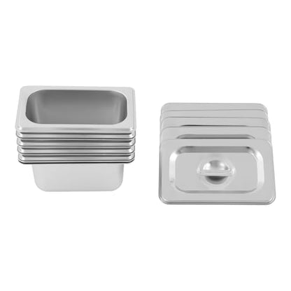 6 Pack Stainless Steel Hotel Pans with Lids, 1/9 Size or 1/4 Size Commercial Metal Food Catering Trays for Steam Table, Buffet Serving, Food Storage & Preparation (1/9 Size 2.7Qt) - size: 1/9 Size 2.7Qt