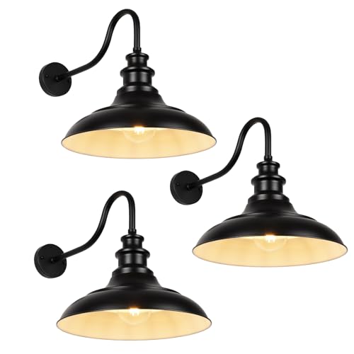 Exterior Farmhouse Barn Light, 16 Inch Vintage Outside Garage Light Fixtures, 3PCS Anti-Rust Waterproof Outdoor Light for Patio Frontdoor Entryway Doorway, Matte Black - color: Black White3, size: NO Dusk to Dawn