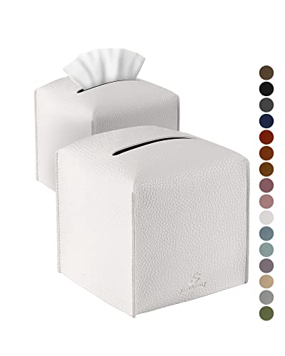Tissue Box Cover, Jeethemy Square PU Leather Tissue Box Holder, Modern Tissue Case Facial Paper Organizer Dispenser，5X5X5'',Double White - color: Double White