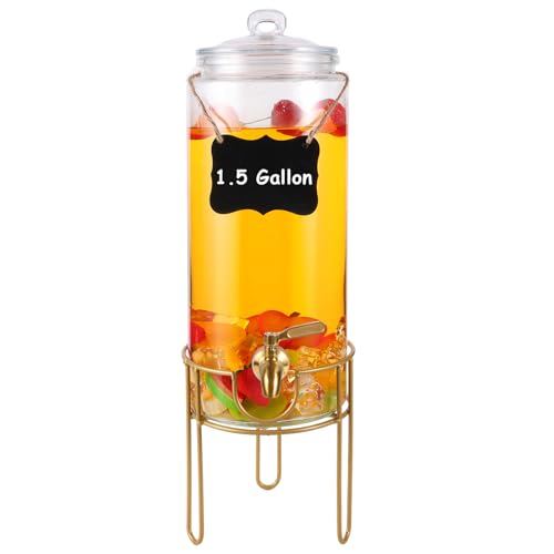 1.5 Gallon Drink dispenser, Glass Beverage Dispenser With Stand, Drink Dispensers for Parties With Stainless Steel Spigot + Marker & Chalkboard 100% Leakproof. Perfect For Parties And Daily Use - size: 1.5 Gallon