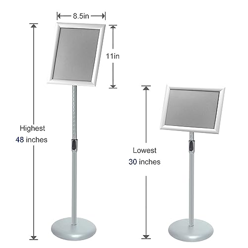 Adjustable Pedestal Poster Sign Stand with Heavy Duty Base Sign Holder Aluminum Snap Open Frame for 8.5 x 11 inches Both Vertical and Horizontal View Displayed Used for Living and Business(Silver）