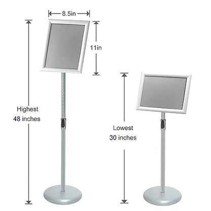 Adjustable Pedestal Poster Sign Stand with Heavy Duty Base Sign Holder Aluminum Snap Open Frame for 8.5 x 11 inches Both Vertical and Horizontal View Displayed Used for Living and Business(Silver）
