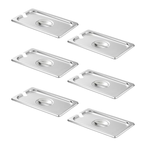 HECMAC 6-Pack 1/4 Size Slotted Hotel Pan Cover, Stainless Steel Solid Steam Table Catering Food Pan Lid with Handle, 23 Gauge - size: 1/4 Size, Notched Lid