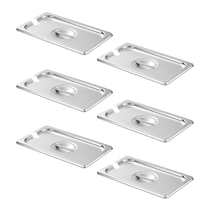 HECMAC 6-Pack 1/4 Size Slotted Hotel Pan Cover, Stainless Steel Solid Steam Table Catering Food Pan Lid with Handle, 23 Gauge - size: 1/4 Size, Notched Lid