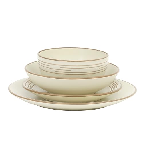 Gibson Home Chiswick House 16-Piece Stoneware Dinnerware Set, Round Plates and Bowls Set for 4, White with Wax Relief Embossed Rim Detail, Dishwasher Safe – Dinner Plate, Salad Plate & Cereal Bowl - color: White w/ Wax Relief Embossed Rim (Chiswick House)