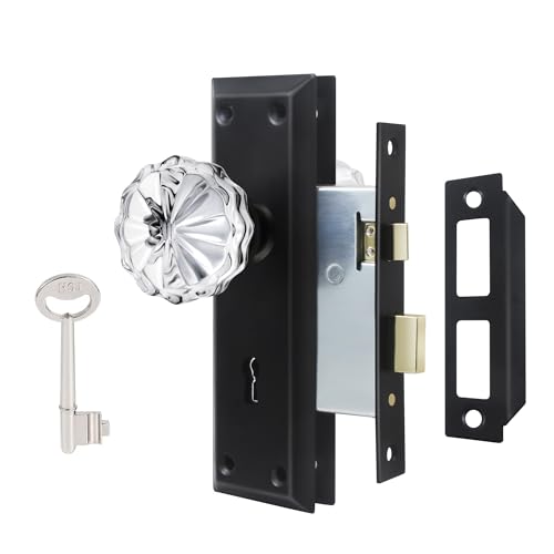 Mortise Lock Set Interior Door, Crystal Glass Door Knobs with Lock and Skeleton Key, Old Door Knob Replacement, Vintage Antique Door Handle, Matte Black Finish - color: Matte Black, size: Mortise(1 Pack)