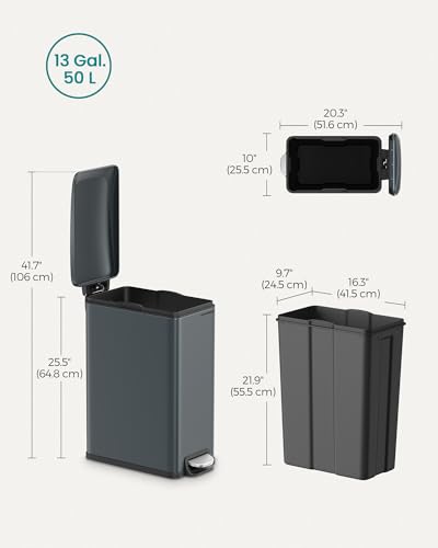 SONGMICS Kitchen Trash Can with Lid, 13-Gallon (50 L) Slim, Stainless Steel - color: Charcoal Gray, style: 13 Gal.