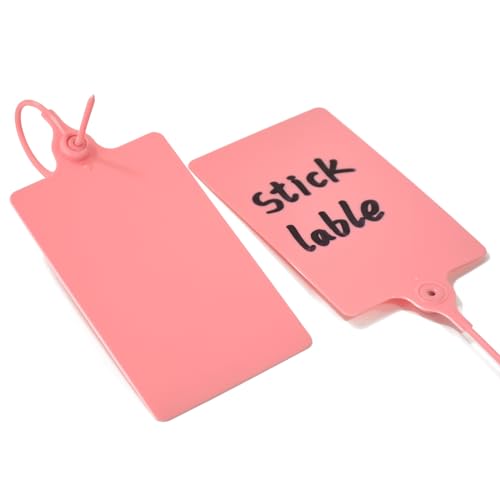100 Plastic Tags: Big Waterproof Writable Label Ties with One Marker Pen (Pink) - color: Pink
