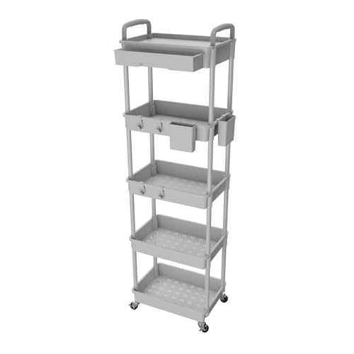 5 Tier Rolling Utility Cart with Drawer,REBECAT Utility Cart Made of Multifunctional Storage Organizer Tool for Kitchen,Bathroom,Living Room,Office(Gray) - color: Gery