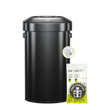 EKO 16-Gallon Round Black Stainless Steel Open Top Trash Can, Large Commercial Waste Bin with Detachable Lid and Carrying Handle, Brushed Metal Garbage Bin for Home, Office, Restaurant, Restroom - color: Matte Black, size: 60 Liter, Round
