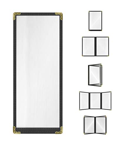 Goodsmart Restaurant Menu Covers - Black, 25 Pack, 4.25" x 11", 1-Page/2-View, Top-Loading Vinyl Menu Holders with Clear Sleeves, Double-Stitched Edge, Leather-Style Café Covers with Gold Corners - color: Black, size: 1 Page / 2 Views - 4.25" x 11"