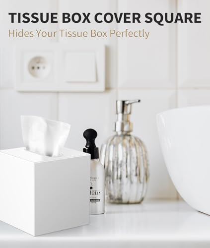 Livelab Metal Tissue Box Cover, Square Tissue Box Holder Modern Decor Facial Napkin Holder Tissue Box Dispenser for Bathroom Vanity Countertop, Living Room, Bedroom, Office | White - color: White
