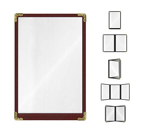 Goodsmart Restaurant Menu Covers – 25 Pack Burgundy 2-View, Top-Loading Menu Holders, Vinyl & Plastic Café Menu Covers, Clear Menu Sleeves, Fits 5.5" x 8.5", Leather-Style Design, Gold Corners - color: Burgundy, size: 1 Page / 2 Views - 5.5" x 8.5"