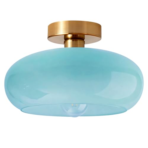 Blue Close to Ceiling Light Fixtures Vintage Flush Mount Ceiling Lights 11" Round Dome Thickened Glass Shade Gold Mid Century Semi Flush Mount Light Hallway Entrance Lighting Fixture - color: Flush-Blue