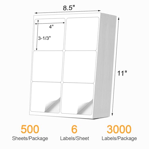 [500 Sheets 3000 Pcs] 6-UP 4''x3-1/3'' Shipping Labels for Laser & Inkjet Printers, A4 6 UP Shipping Mailing Stickers, 6 Pcs Per Page Shipping Labels,8.5"×11" White Stickers for Printer - color: 6 Up - 3000 Labels