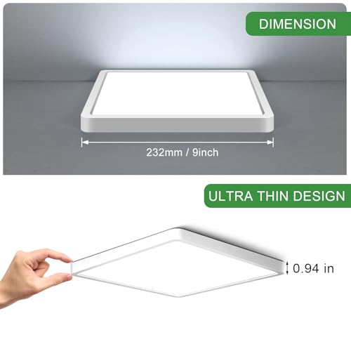 LightingWill 9Inch 18W Square LED Ceiling Light Fixtures Flush Mount, 6000K Cold White LED Ceiling Lamp, Surface Mount Modern Ceiling Lights for Bedroom, Kitchen, Bathroom, Living Room - color: Cool White, size: 9 inch White
