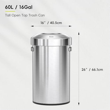 EKO 16-Gallon Round Stainless Steel Open Top Trash Can, Large Commercial Waste Bin with Detachable Lid and Carrying Handle, Brushed Metal Garbage Bin for Home, Office, Restaurant, Restroom - color: Stainless Steel, size: 60 Liter, Round