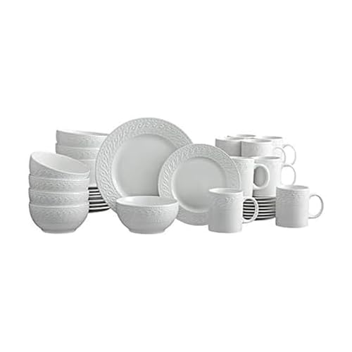 Pfaltzgraff Sylvia Dinnerware Set 32-Piece Service for 8 - White Porcelain Dinner Plates, Salad Plates, Soup Bowls and Mugs with Embossed Scrollwork