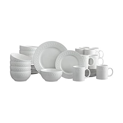 Pfaltzgraff Sylvia Dinnerware Set 32-Piece Service for 8 - White Porcelain Dinner Plates, Salad Plates, Soup Bowls and Mugs with Embossed Scrollwork