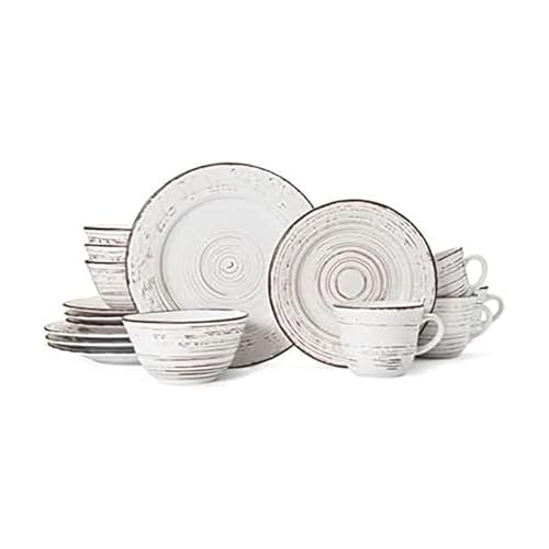 Pfaltzgraff Trellis White 16-Piece Stoneware Dinnerware Set, Service for 4, Distressed White Finish, Microwave & Dishwasher Safe Plates and Bowls - color: Distressed White