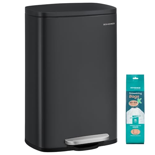 SONGMICS 13 Gallon (50 L) Trash Can, Stainless Steel, Step-On Pedal - color: Black, size: 13 Gal.