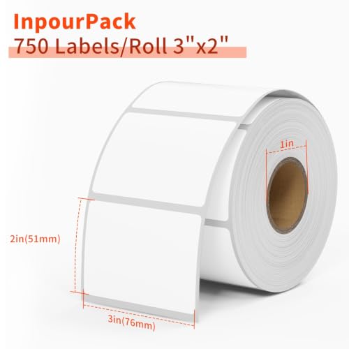 3x2 inch Direct Thermal Label Paper for Barcodes, Shipping, 750 Labels Per Roll White, Compatible with Rollo Label Printer & Zebra Desktop Printers - size: 3" x 2"