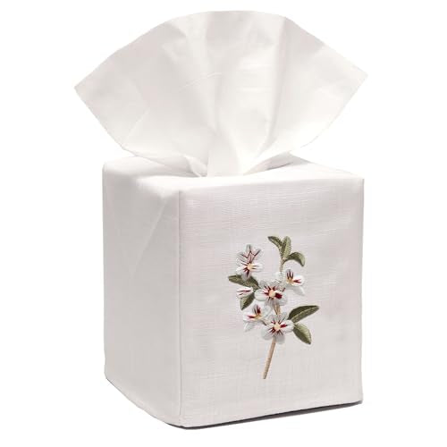 Jacaranda Living Square Tissue Box Cover, Linen/Cotton Fabric Tissue Holder, Decorative Cloth Tissue Cube Cover, Botanical Designs, Apple Blossom (White) - color: Apple Blossom (White)