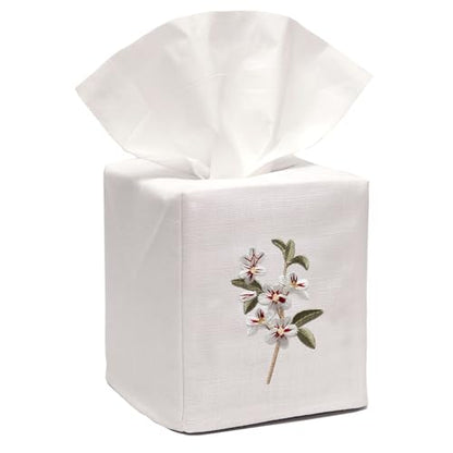 Jacaranda Living Square Tissue Box Cover, Linen/Cotton Fabric Tissue Holder, Decorative Cloth Tissue Cube Cover, Botanical Designs, Apple Blossom (White) - color: Apple Blossom (White)