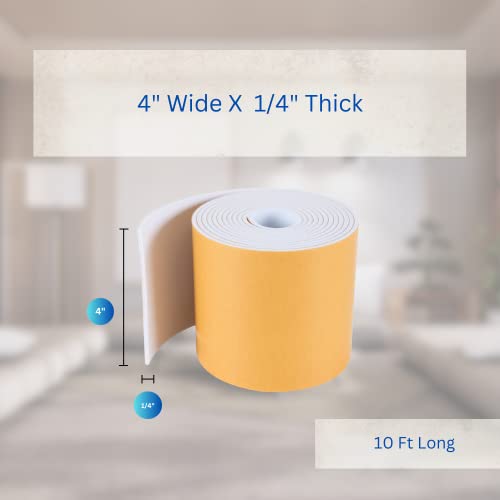 High Density Foam Weather Stripping Door Seal Strip Insulation Tape Roll for Insulating Door Frame, Window, Air Conditioner | Self Adhesive Sealing Weatherstrip (4 in x 1/4 in x 10 Ft, White) - color: White, size: 4 In x 1/4 In x 10 Ft