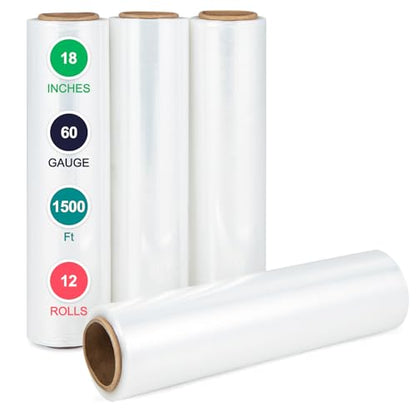 18" Shrink Wrap, 1500 Feet Heavy Duty 60 Gauge Plastic Wrap Stretch Film Shrink Wrap Roller for Moving, 12 Pack Stretch Wrap for Packing, Moving Supplies, Furniture & Pallets - size: 12 Rolls