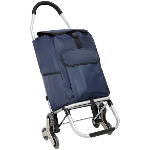 40L Heavy Duty Stair Climbing Collapsible Shopping Cart with Stainless Steel Triangular Wheels, Waterproof Oxford Removable Bag for Groceries, Laundry, Travel, Apartment Use (6 Wheels + Black) - color: 6 Wheels + Blue