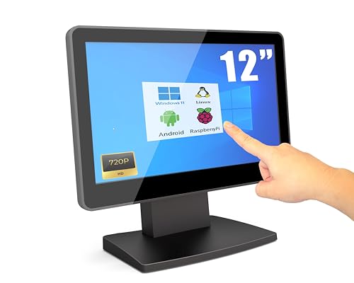 ANGEL POS 12” Touch Screen Monitor, 1366×768 HD POS Display with HDMI & VGA, Splash-Resistant Front, Adjustable Metal Stand, Ideal for Customer Display, Checkout Counter, or POS Terminal