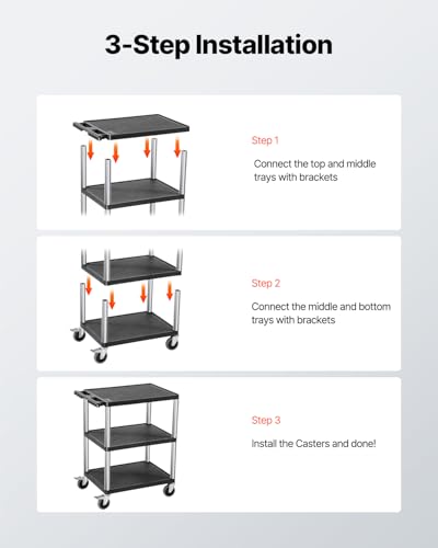 VEVOR Utility Cart, 300 lbs Load Capacity, 27.6 x 18.1-inch Service Cart, Three-Shelf Heavy Duty Plastic Utility Cart with 360° Swivel Wheels (2 with Brakes), Suitable for Warehouse, Garage, Cleaning - style: 300 LBS-3 Tier