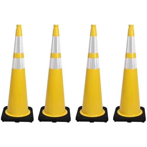 4 Pack 36 Inch Yellow PVC Safety Cones with Black Base, Extra Tall Traffic Cones for Road Construction, Garage Entrance, Outdoor Events (4, Yellow, 36 Inch) - color: Yellow, size: 36 Inch
