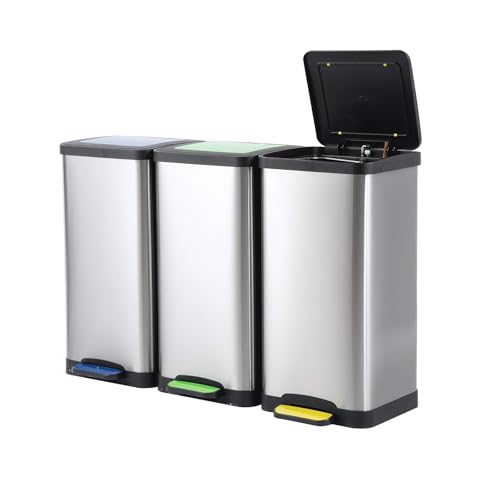 3 Compartment Pedal Recycling Bin Set, 45 L (3 × 15 L) Soft-Close Trash Can with Lids, Color Coded Step-On Stainless Steel Recycling Bins for Kitchen & Home