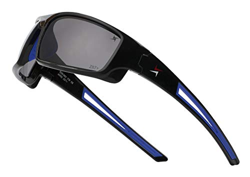 X Power ANSI Z87+ Safety Sunglasses Impact Resistant Polycarbonate Lens & Double Injection Frame - color: 002 Black & Blue Frame / Dark Grey Lens